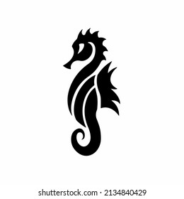 Tribal Seahorse Symbol Icon Logo Design. Black and White Decal Stencil Tattoo. Flat Vector Illustration on White Background.