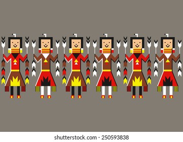Tribal seamless colorful geometric border pattern with cheerful Aztec dancers.