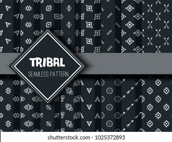 Tribal seamless ethnic background stylish primitive geometric patterns trendy print modern abstract wallpaper with grunge texture vector illustration. Monochrome ornament fabric textile