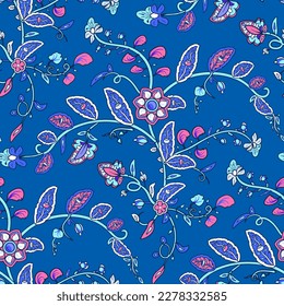 Tribal nahtlose Blumenmuster. Kette von Blumen und Blättern.Textur indische Motive auf blauem Hintergrund. Vorlage für Textilien, Papier, Tapete.