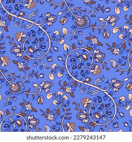 Tribal seamless floral pattern. Chain of flowers and leaves.Texture Indian motifs on a blue background. Template for textile, paper, wallpaper.