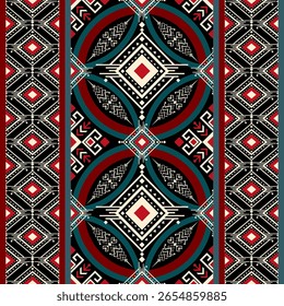 Tribal Seamless Geometric Pattern with Red, Teal, and Beige Diamond and Circle Motifs on Black Background – Ethnic Textile Design for Fabric, Wallpaper, Cultural Crafts, and Decorative Projects