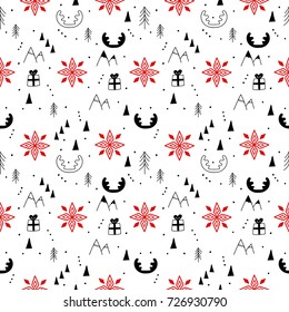 Tribal seamless pattern. Abstract  art print. Hand drawn ethnic background with cute reindeer horns,  presents, fir tree, mountains, snowflakes. Christmas , New Year design