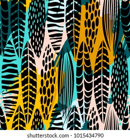 Tribal seamless pattern with abstract leaves. Hand draw texture. Vector template.