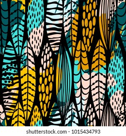 Tribal seamless pattern with abstract leaves. Hand draw texture. Vector template.