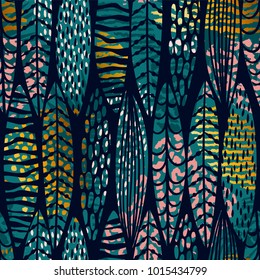 Tribal seamless pattern with abstract leaves. Hand draw texture. Vector template.