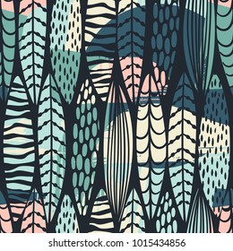 Tribal seamless pattern with abstract leaves. Hand draw texture. Vector template.
