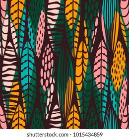 Tribal seamless pattern with abstract leaves. Hand draw texture. Vector template.