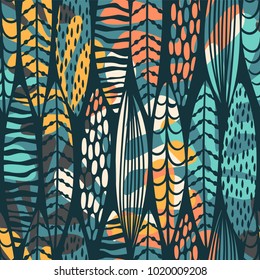 Tribal seamless pattern with abstract leaves. Hand draw texture. Vector template.