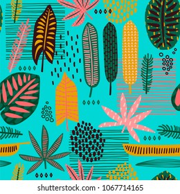 Patrón tribal sin fisuras con hojas abstractas. Textura dibujada a mano. Plantilla vectorial.