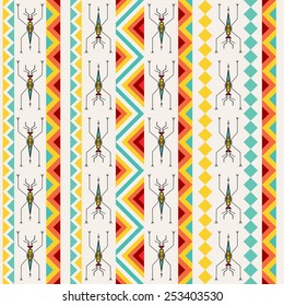 Tribal seamless pattern with abstract pond-skaters. Repeatable geometric pattern in bright colors. Abstract stylized water skaters. Tribal background ornament. Vector file is EPS8.