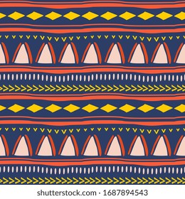 Tribal seamless pattern in african style on black background. Ethnic pattern on the carpet. Aztec geometric vector background. Ready for fashion textile print. Feminine colors.
