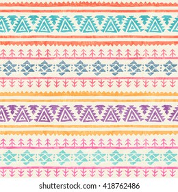 Tribal seamless pattern with archaic geometric ornament. Primitive ethnic style with hand drawn endless borders. Happy colorful color palette