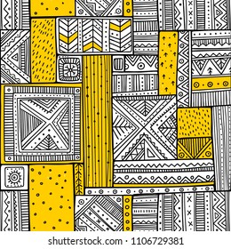 Tribal seamless pattern in boho style with ethnic African ornaments. Can be printed and used as wrapping paper, wallpaper, textile, fabric, etc.