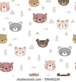 Tribal seamless pattern with cartoon bears. Abstract geometric art print. Hand drawn ethnic background with cute animals. Vector illustration