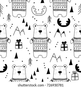 Tribal seamless pattern with cartoon bears in pullover. Abstract  art print. Hand drawn ethnic background with cute animals, presents, fir tree, mountains. Christmas , New Year design