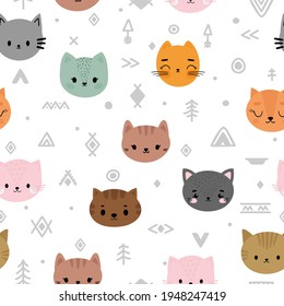 Patrón tribal sin fisuras con gatos de dibujos animados. Resumen de la impresión de arte geométrico. La mano dibujó antecedentes étnicos con animales lindos. Gatito. Ilustración del vector