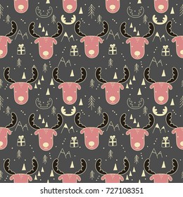 Tribal seamless pattern with cartoon deers. Abstract  art print. Hand drawn ethnic background with cute animals, presents, fir tree, mountains. Christmas , New Year design