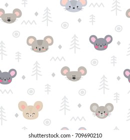 Tribal seamless pattern with cartoon mouses. Abstract geometric art print. Hand drawn ethnic background with cute animals. Vector illustration