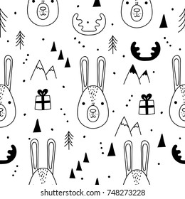 Tribal seamless pattern with cartoon rabbits (hare). Abstract  art print. Hand drawn ethnic background with cute animals, presents, fir tree, mountains. Christmas , New Year design