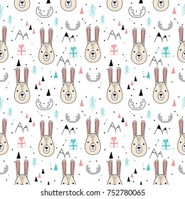 Tribal seamless pattern with cartoon rabbits (hare). Abstract  art print. Hand drawn ethnic background with cute animals, presents, fir tree, mountains. 