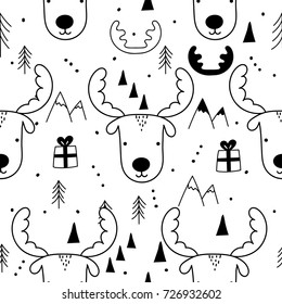 Tribal seamless pattern with cartoon reindeer. Abstract  art print. Hand drawn ethnic background with cute animals, presents, fir tree, mountains. Christmas , New Year design