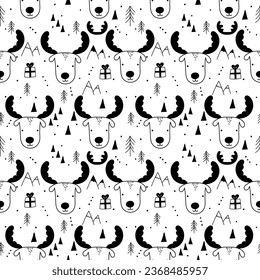Patrón tribal sin fisuras con renos de dibujos animados. Antecedentes étnicos con lindos animales, regalos, abetos, montañas. Navidad, diseño de Año Nuevo