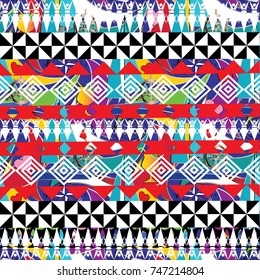 Tribal seamless pattern. Colorful vector geometric background. Tribe abstract borders pattern. Aztec ethnic wallpaper. Bright fabric texture. Geometry striped shapes, figures, rhombus, triangles.