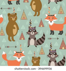 Tribal seamless pattern with cute animals. Vector illustration