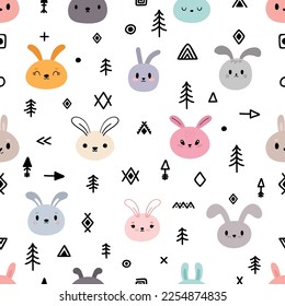 Tribal seamless pattern with cute cartoon bunnies. Abstract geometric print. Hand drawn ethnic background with cute animals. Funny rabbits. Vector illustration