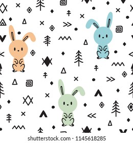 Patrón tribal sin fisuras con conejito dibujado a mano. Textura chillón para tela o textil.  Niños de fondo. Ilustración del vector
