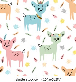 Tribal seamless pattern with cute hand drawn deers. Childish texture for fabric or textile. Kids background. Vector illustration