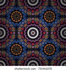 Tribal seamless pattern. Ethnic design. Striped pattern with ethnic tribal motifs, zigzag lines, Mandalas, brushstrokes paint in blue, brown and black colors. Vector repeating geometric mesh tiles.