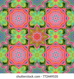 Tribal seamless pattern. Ethnic design. Chekered pattern with ethnic tribal motifs, zigzag lines, Mandalas, brushstrokes paint in neon pink green violet colors. Vector repeating geometric mesh tiles.