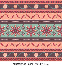 Tribal seamless pattern. Geometric design with flowers, leaves, feathers, arrows. Fashionable style of Boho.