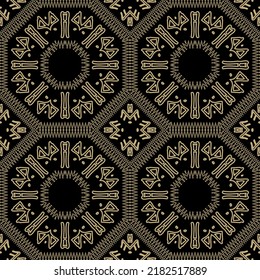 Tribal seamless pattern. Golden ethnic ornaments on black background. Geometric repeat vector backdrop. Beautiful ornament with zigzag lines, geometric shapes, signs, symbols,  frames, stitching.