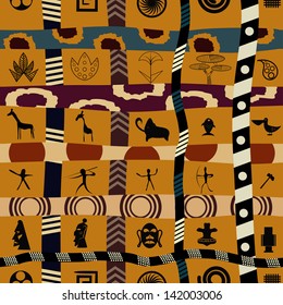 Tribal seamless pattern with graphic flowers and animals