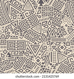 Tribal Seamless Pattern. Monochrome Ethnic Geometric Vector Background. Aztec, Mayan or Inca Style