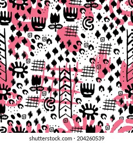 Tribal Seamless Pattern with Pink Splashes