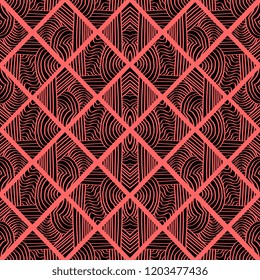 Tribal seamless pattern with red and black colors. Diamond with stripes drawing boho style vector illustration ready for fashion print.