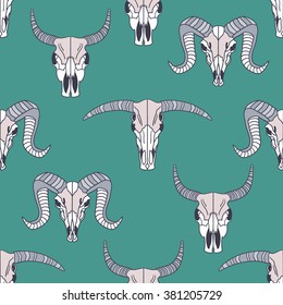 Tribal seamless pattern with skulls of animals, hand drawn icons. Ethnic ornament, backdrop vector. Decorative wallpaper, good for printing