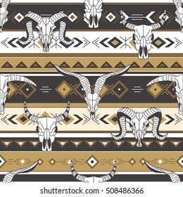 Tribal seamless pattern with skulls of animals, hand drawn background. Decorative ethnic ornament, wallpaper vector. Black, white and brown backdrop, good for printing