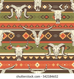 Tribal seamless pattern with skulls of animals, hand drawn background. Decorative ethnic ornament, wallpaper vector. Colorful backdrop, good for printing