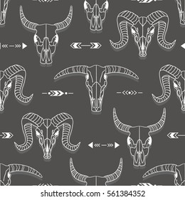 Tribal seamless pattern with skulls of animals, hand drawn background. Decorative ethnic ornament, wallpaper vector. Illustration with collection icons. Black and white backdrop, good for printing
