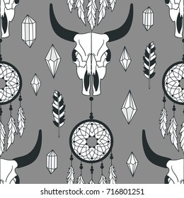 Tribal seamless pattern with skulls of animals, traps for dreams, crystals hand drawn background. Decorative ethnic ornament, wallpaper vector. Colorful backdrop, good for printing