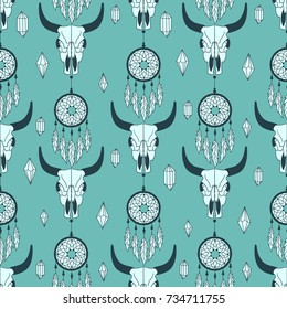 Tribal seamless pattern with skulls of animals, crystals and traps for dreams, hand drawn background. Decorative ethnic ornament, wallpaper vector. Colorful backdrop, good for printing