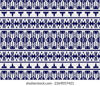 Tribal seamless pattern vector in blue white colors. Print with african tribe border motifs. Ethic texture. Background for cloth, fabric, wallpaper, curtain, carpet, wrapping paper and card template.