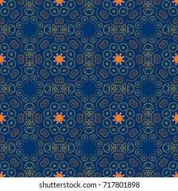 Tribal seamless pattern. Vector repeating geometric mesh tiles. Ethnic design. Striped pattern with ethnic tribal motifs, zigzag lines, Mandalas, brushstrokes paint in yellow, orange and blue colors.