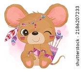 Tribal Series Cute Little Mouse in watercolor