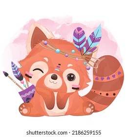 Tribal Series Little Red Panda in watercolor